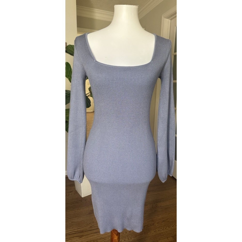 Lulus Blue Ribbed Knit Sweater Dress Small Long Sleeve Back Tie Bodycon Mini
